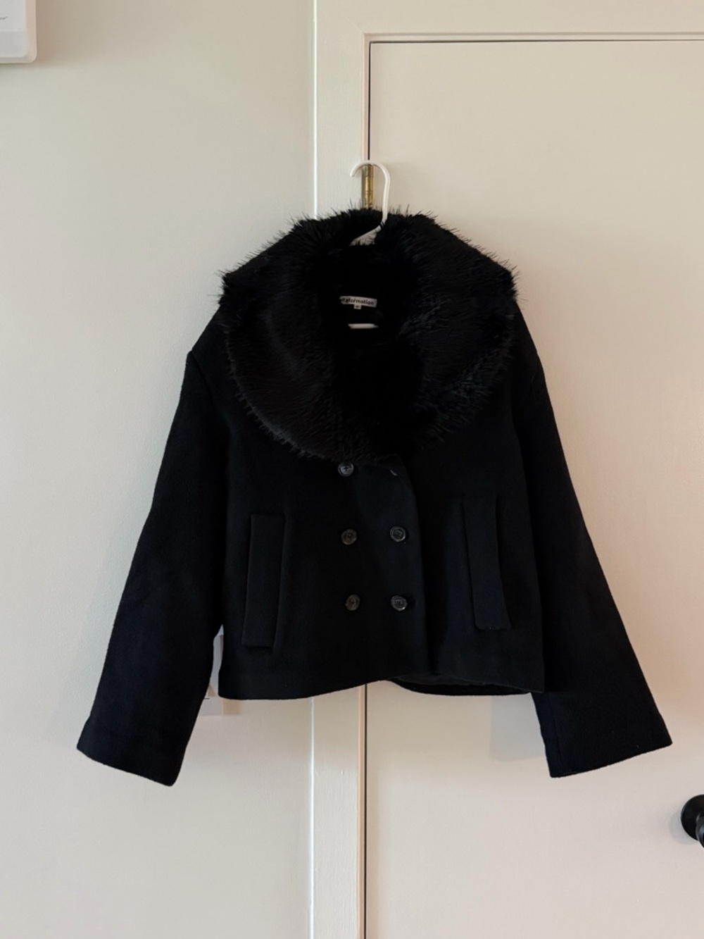 Reformation Women's Black Faux Fur Collar Double-Breasted Jacket